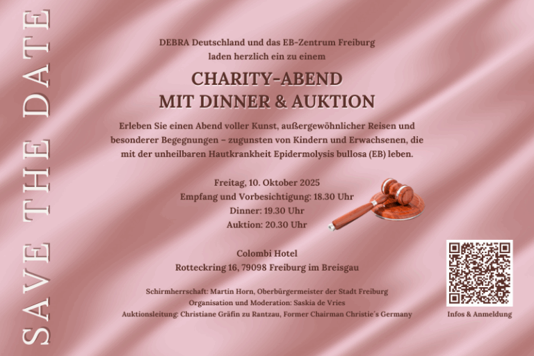Einladung zum Charity-Abend von DEBRA Deutschland im Colombi Hotel Freiburg am 10. Oktober 2025 – mit Kunstauktion zugunsten der Schmetterlingskinder.